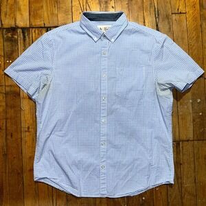 Penguin Shirt Men Large Blue White Gingham Short Sleeve Chest Pocket Button Down
